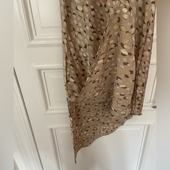 NWT Forever 21 Silky Satin Cowl Tan Brown Pattern Asymmetrical Hem Formal Dress - Picture 8 of 13